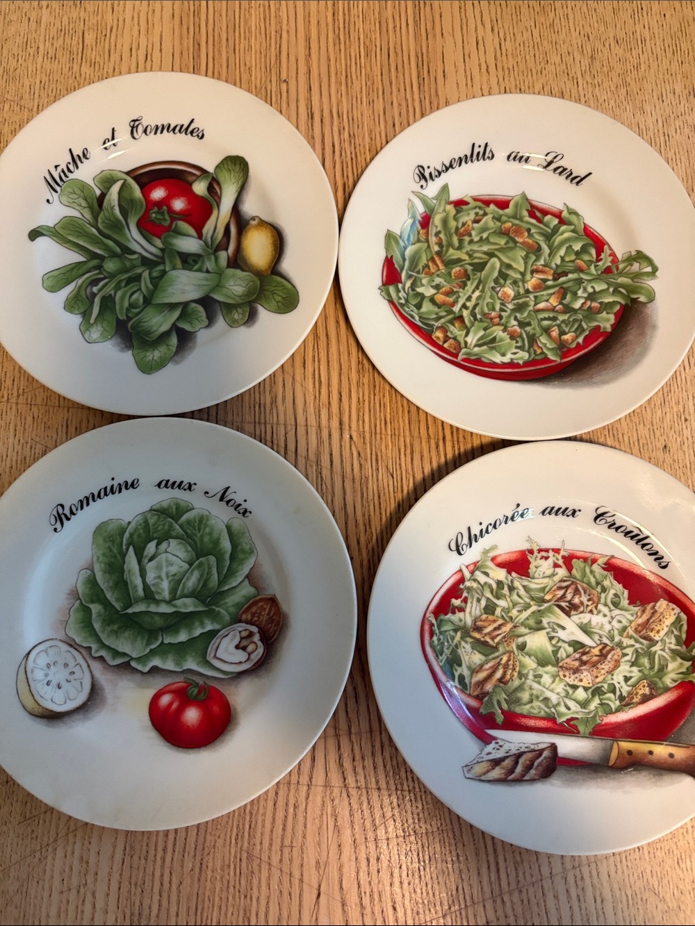 Source Unknown White Salad Plates with Green & Red Vegetable Motifs